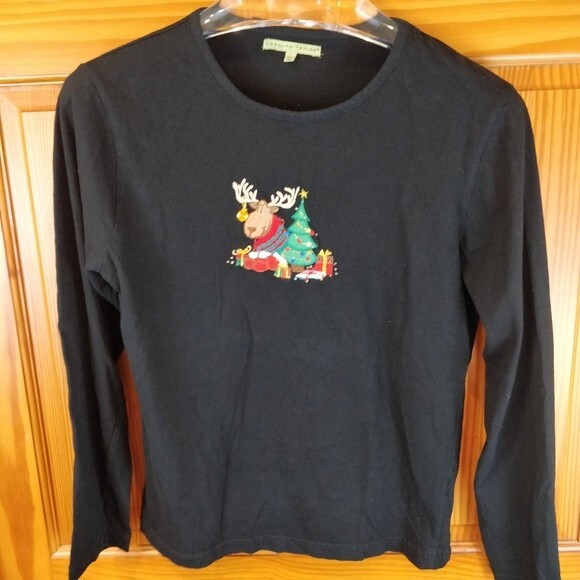 Carolyn Taylor Black Reindeer Holiday Top Long Sleeve Fun Christmas Large - Picture 2 of 7